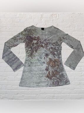 Pia Grey & Purple Vintage Trashy Y2K Floral Grunge Fairy Print Top Size Medium